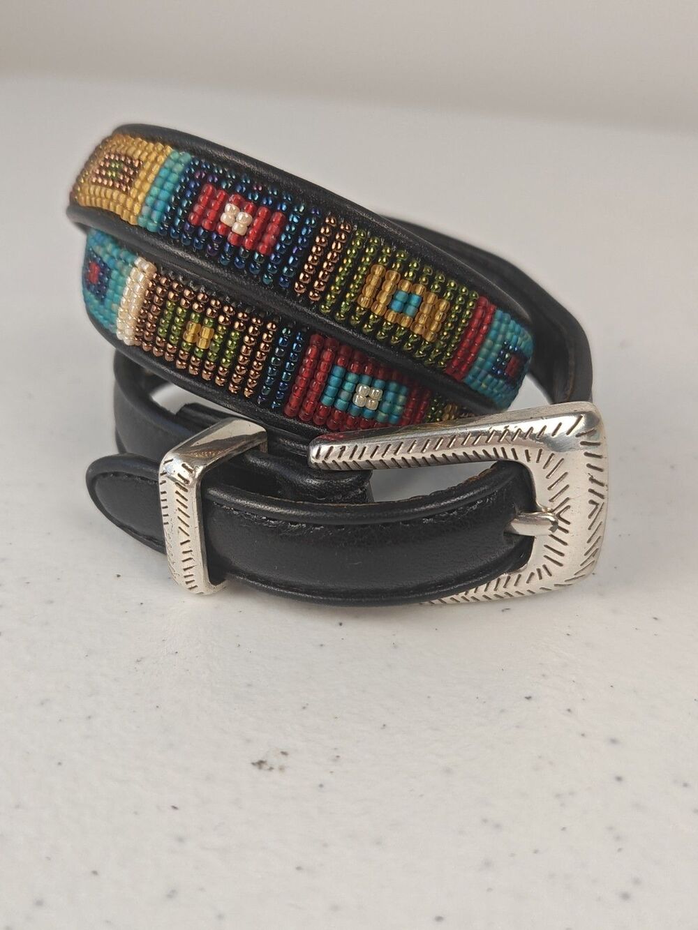 Vintage Brighton Southwest Beaded Black Leather Skinny Belt Women's 28/Small